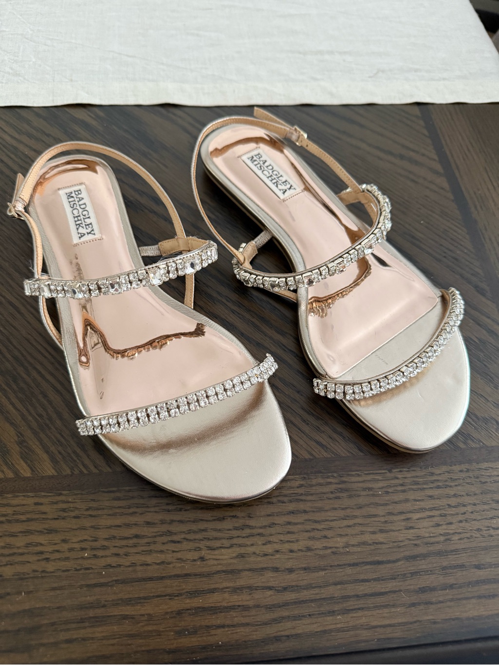 Badgley Mischka Zandra Champagne Crystal-Strap Flat Sandals
